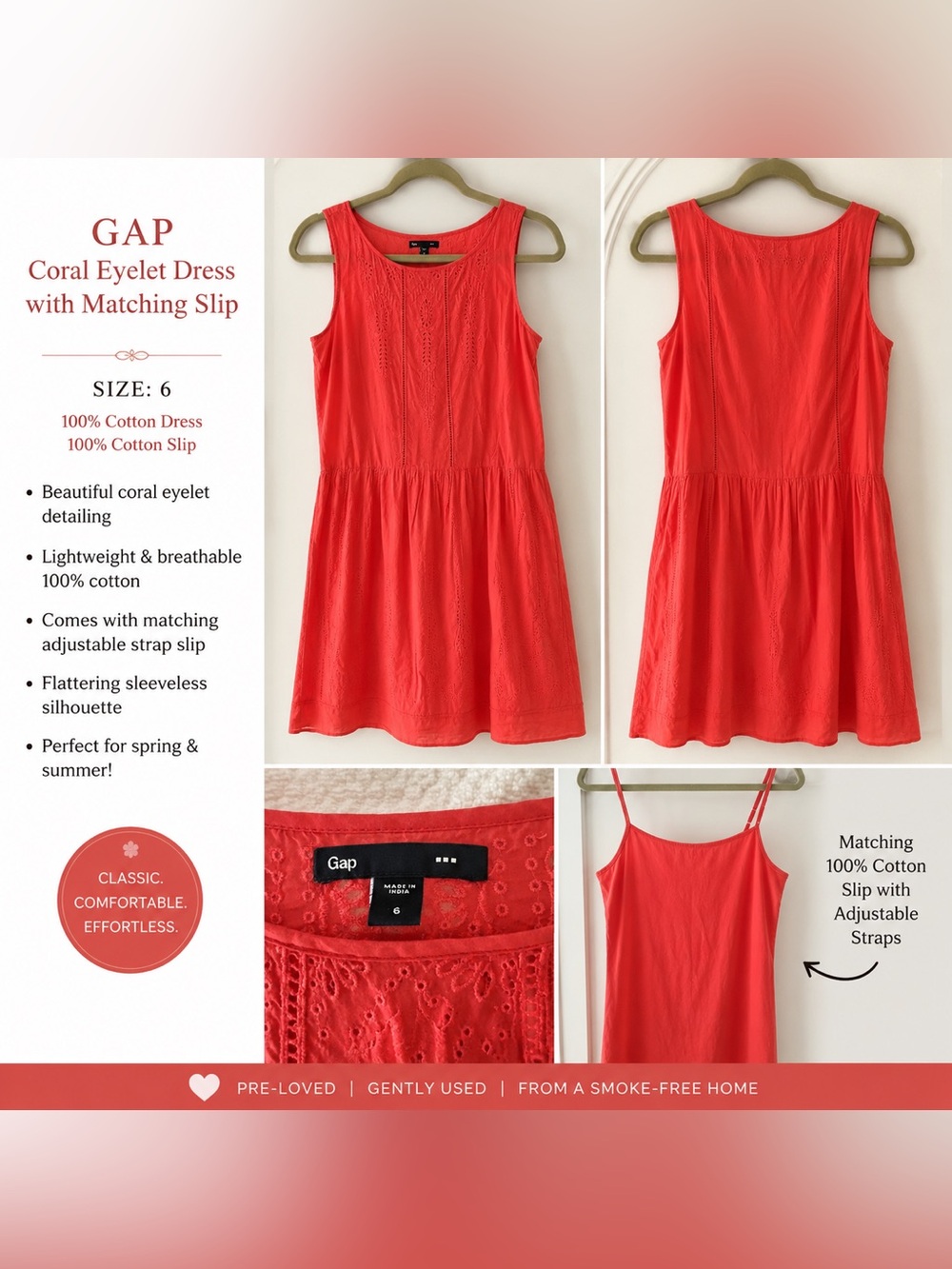 Gap Coral 100% Cotton Eyelet Sleeveless Dress + Matching Slip Size 6
